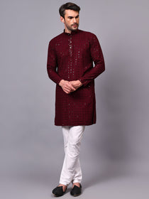 VORA LABEL Men Rayon Schiffli Chikankari Floral Printed Long Kurta Set - Pista