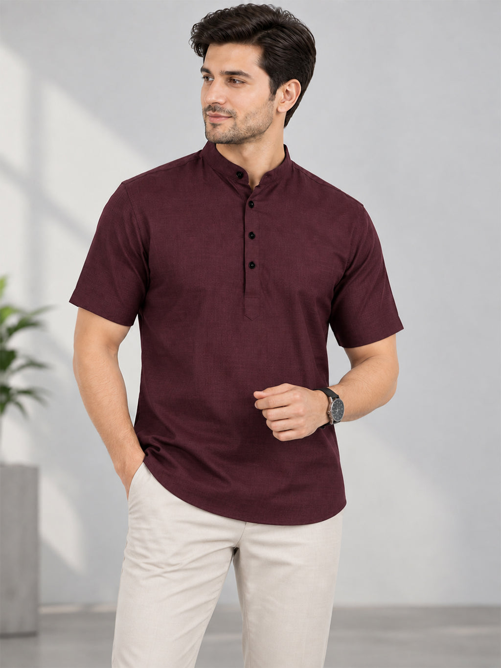 VORA LABEL Men’s Cotton Blend Mandarin Collar Half Kurta | Short Sleeve Solid Casual Wear