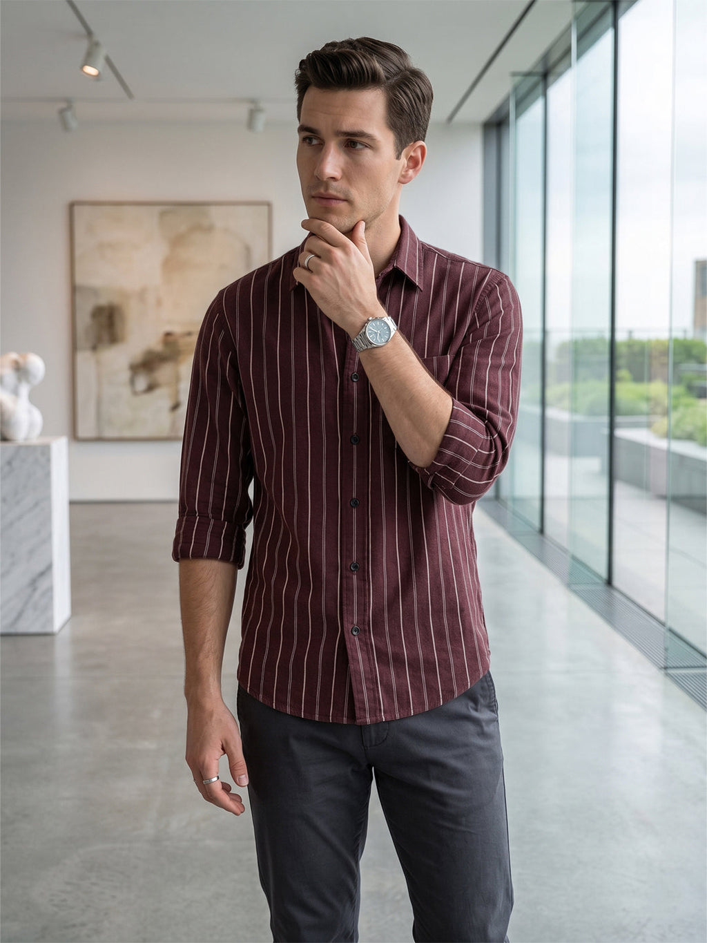 VORA LABEL Men Cotton Striped Regular Fit Casual Shirt - Maroon