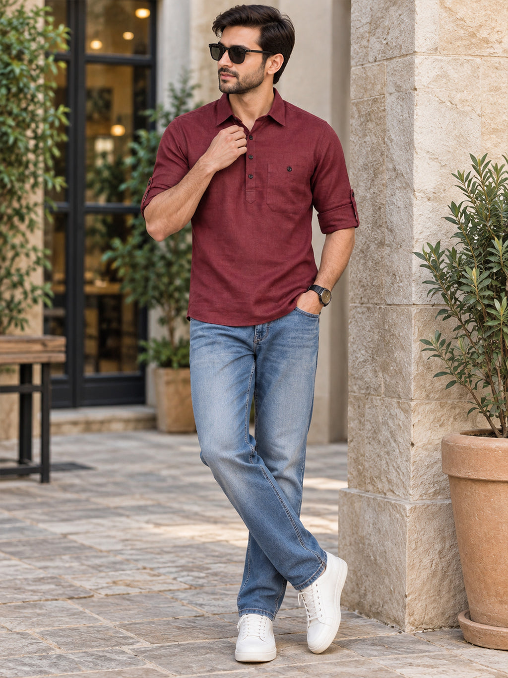 VORA LABEL Men’s Cotton Blend Solid Kurta | Mandarin Collar Full Sleeve Kurta with Pocket | Casual & Festive Wear