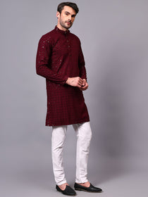 VORA LABEL Men Rayon Schiffli Chikankari Floral Printed Long Kurta Set - Pista