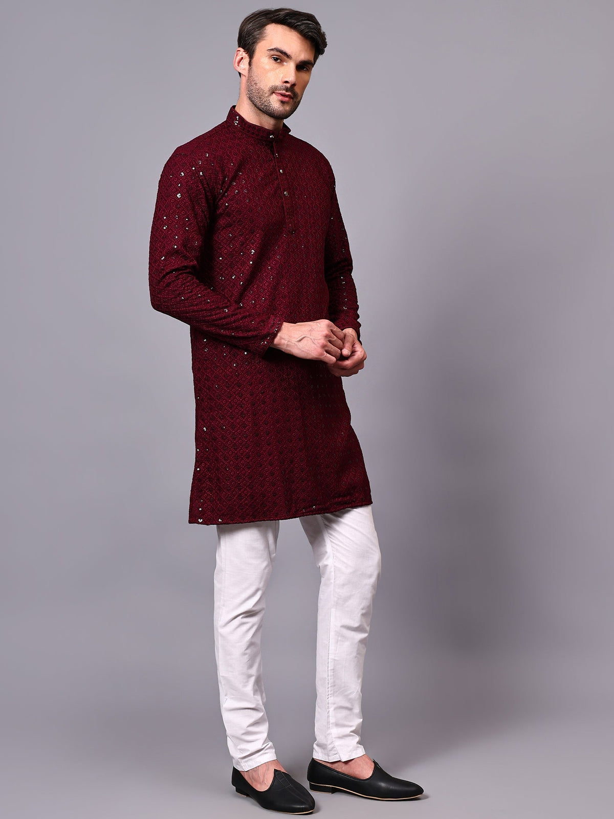 VORA LABEL Men Rayon Schiffli Chikankari Floral Printed Long Kurta Set - Pista