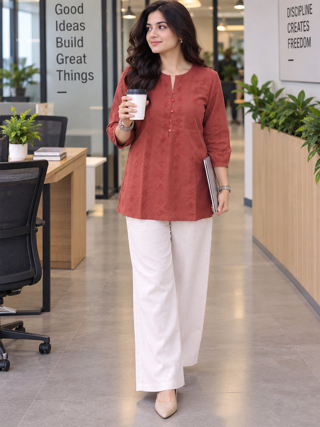 VORA LABEL Women’s Maroon Embroidered Casual Top | Georgette Fabric | Regular Fit Main image
