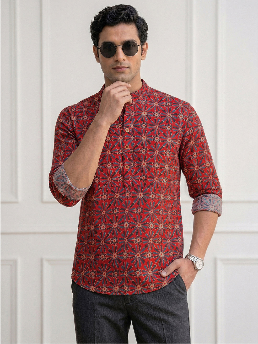 VORA LABEL Men Cotton Printed Regular Fit Short Kurta - Rust