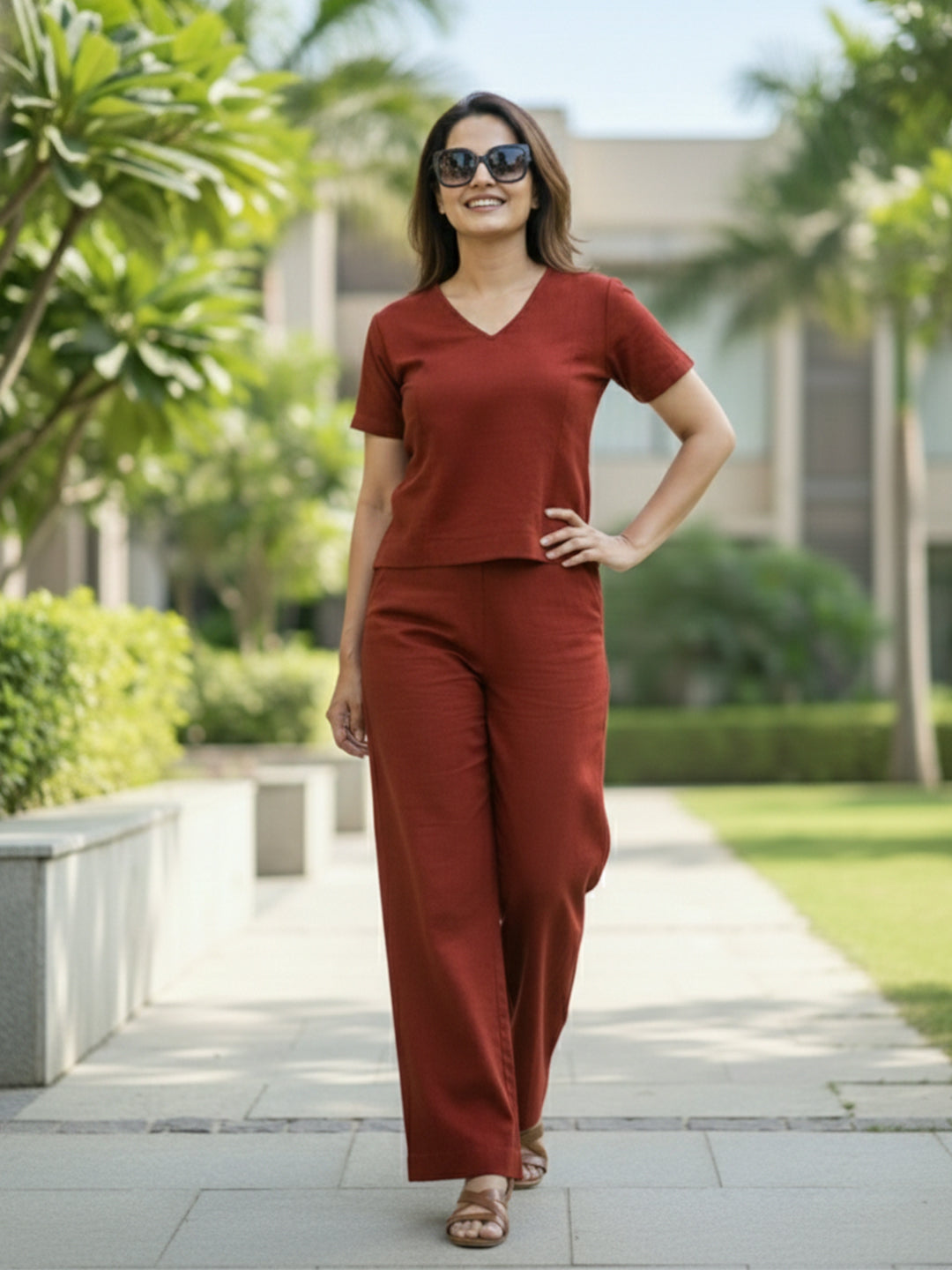 VORA LABEL Women Linen Solid Relaxed Fit Co-ord Set - Maroon Main image
