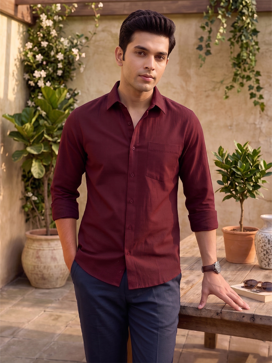 VORA LABEL Men Cotton Solid Regular Fit Casual Shirt - Maroon