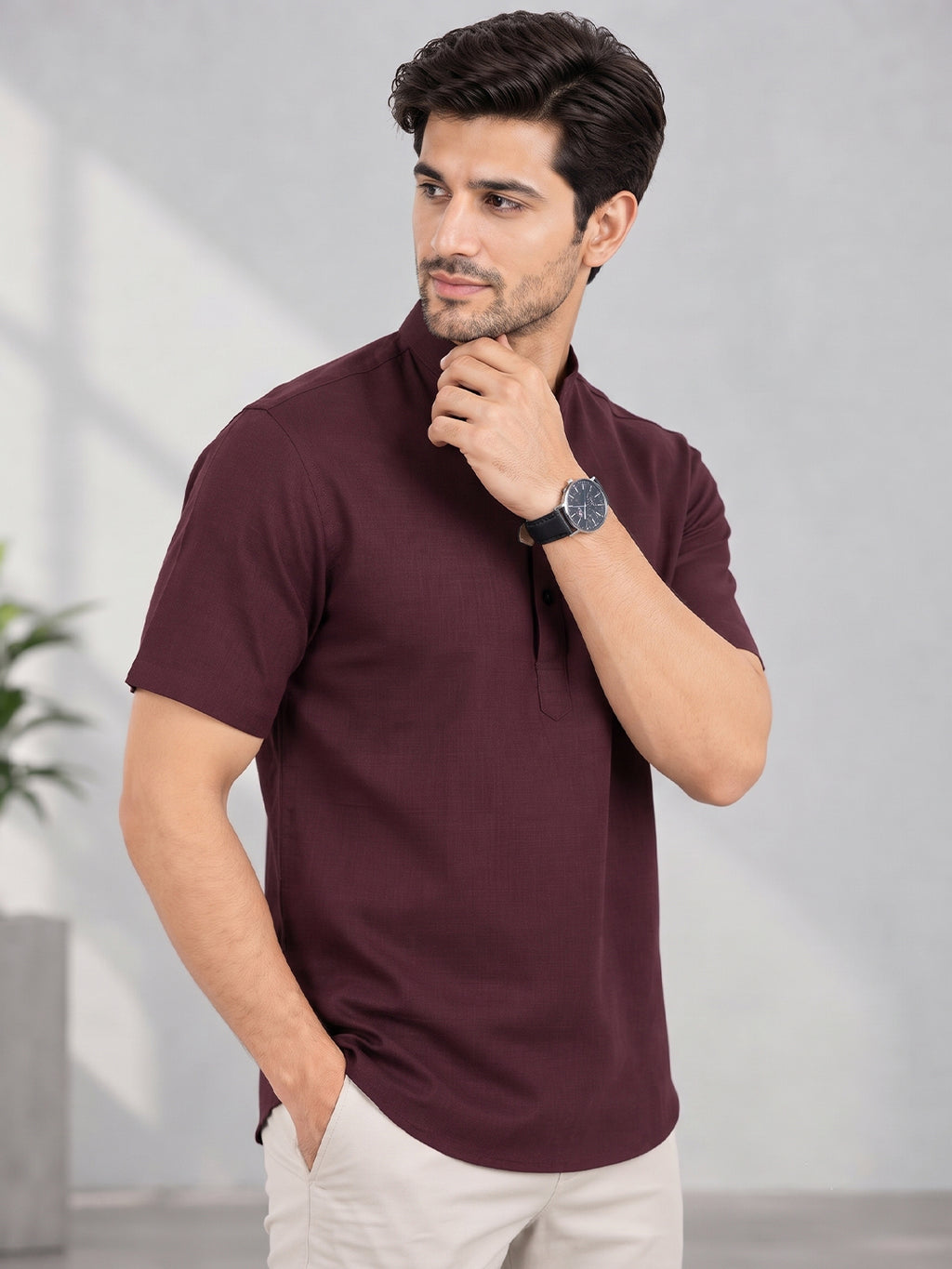 VORA LABEL Men’s Cotton Blend Mandarin Collar Half Kurta | Short Sleeve Solid Casual Wear
