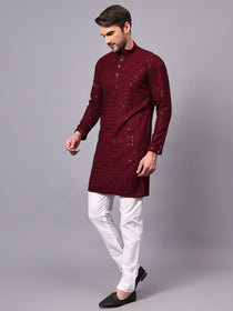 VORA LABEL Men Rayon Schiffli Chikankari Floral Printed Long Kurta Set - Pista