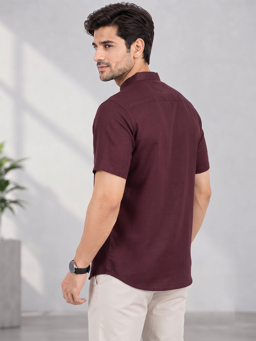 VORA LABEL Men’s Cotton Blend Mandarin Collar Half Kurta | Short Sleeve Solid Casual Wear