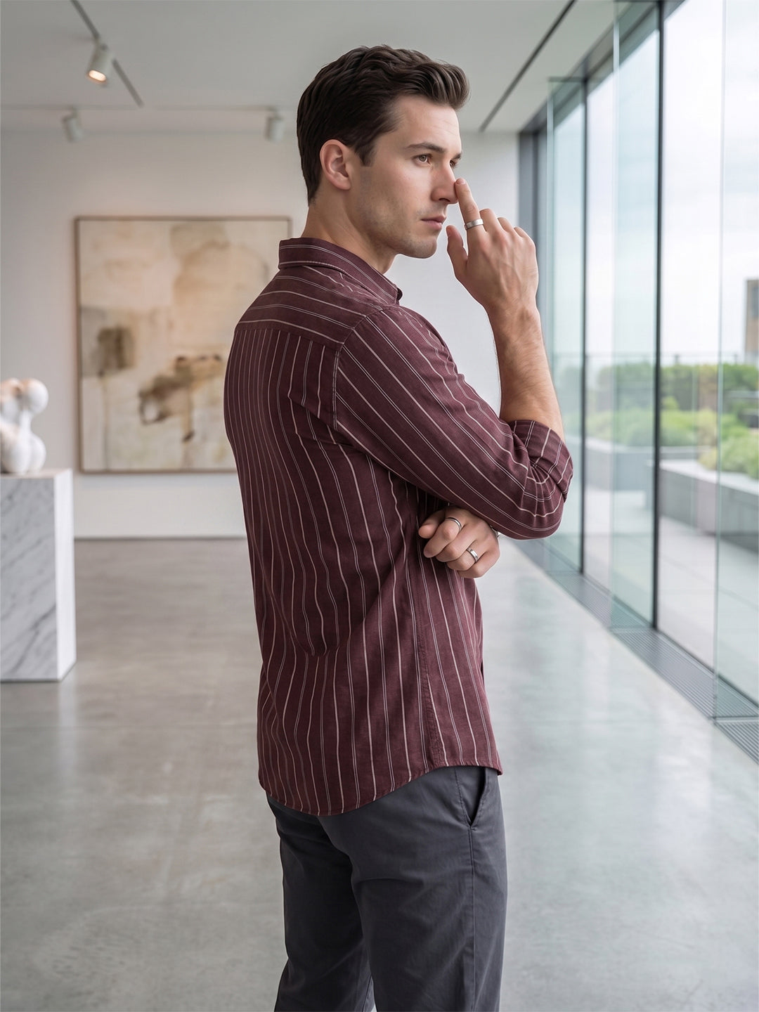 VORA LABEL Men Cotton Striped Regular Fit Casual Shirt - Maroon