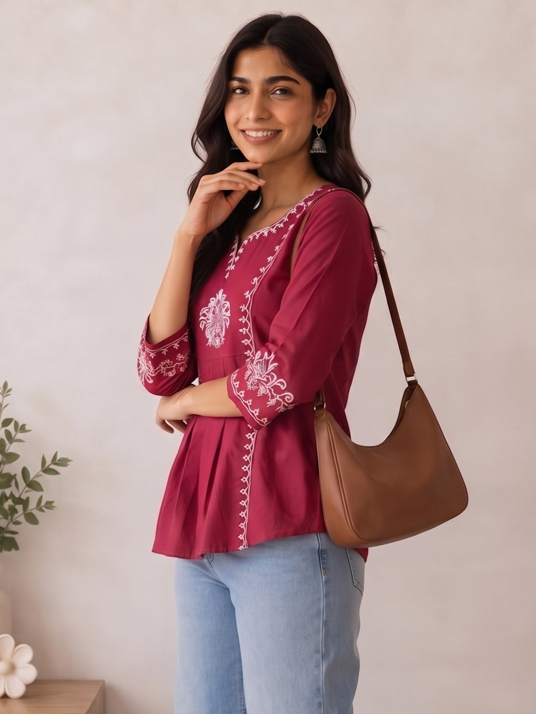 VORA LABEL Women Viscose Rayon Embroidered Regular Fit Peplum Top - Black