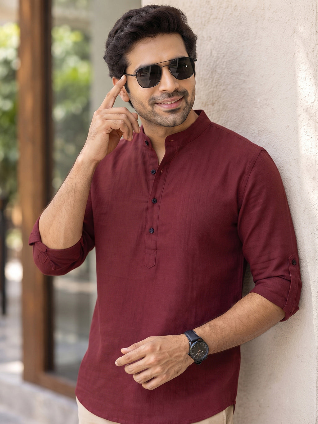 VORA LABEL Men’s Cotton Blend Solid Kurta | Mandarin Collar Full Sleeve Kurta | Casual & Festive Wear