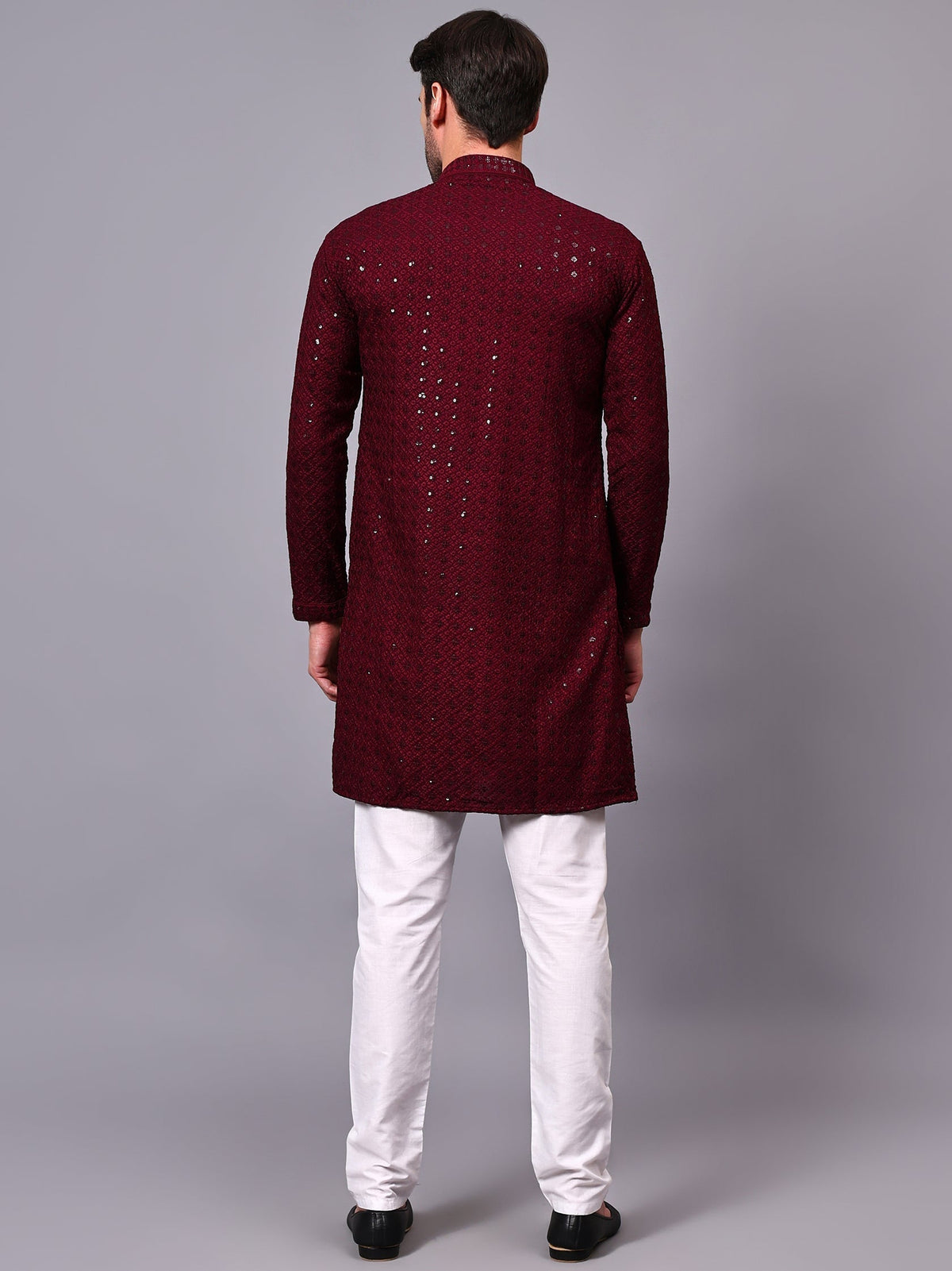 VORA LABEL Men Rayon Schiffli Chikankari Floral Printed Long Kurta Set - Pista