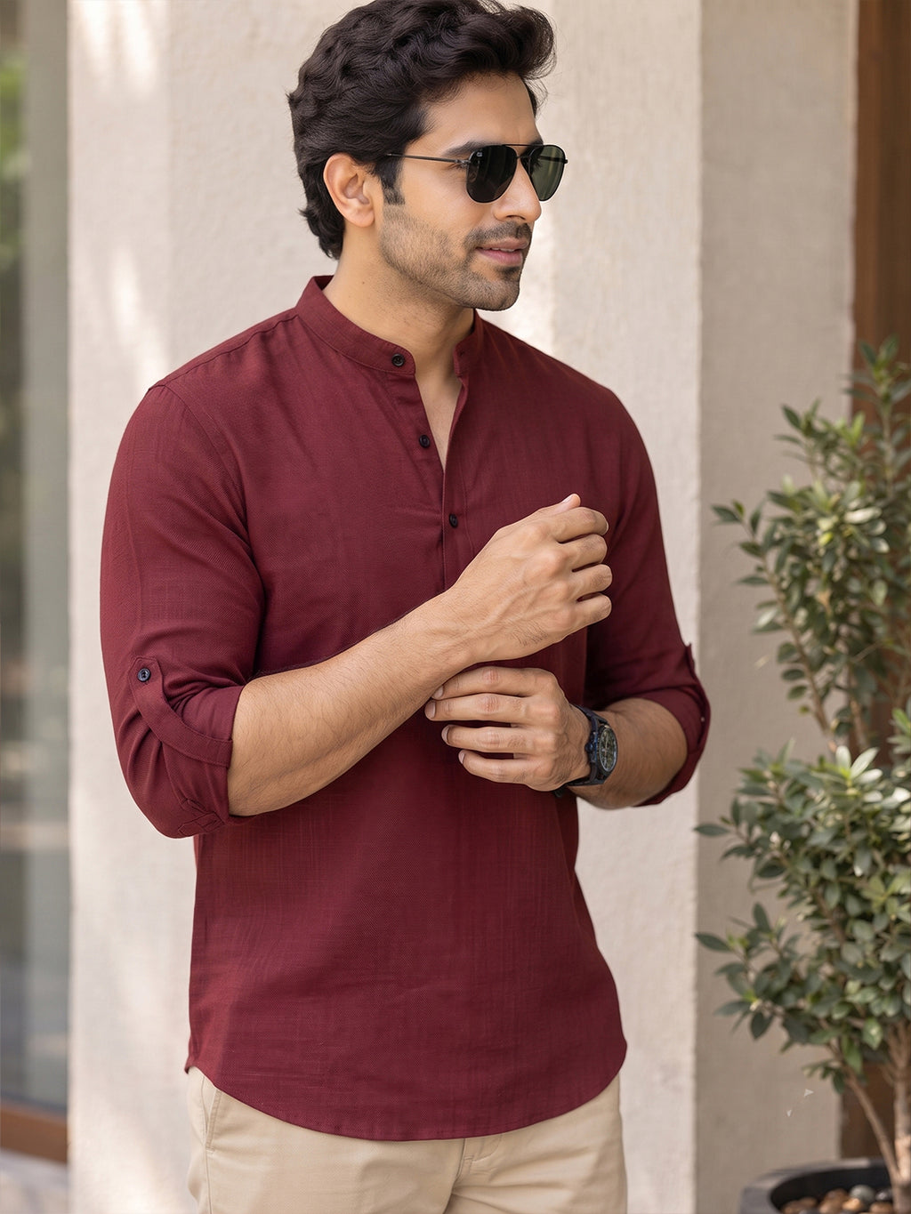 VORA LABEL Men’s Cotton Blend Solid Kurta | Mandarin Collar Full Sleeve Kurta | Casual & Festive Wear