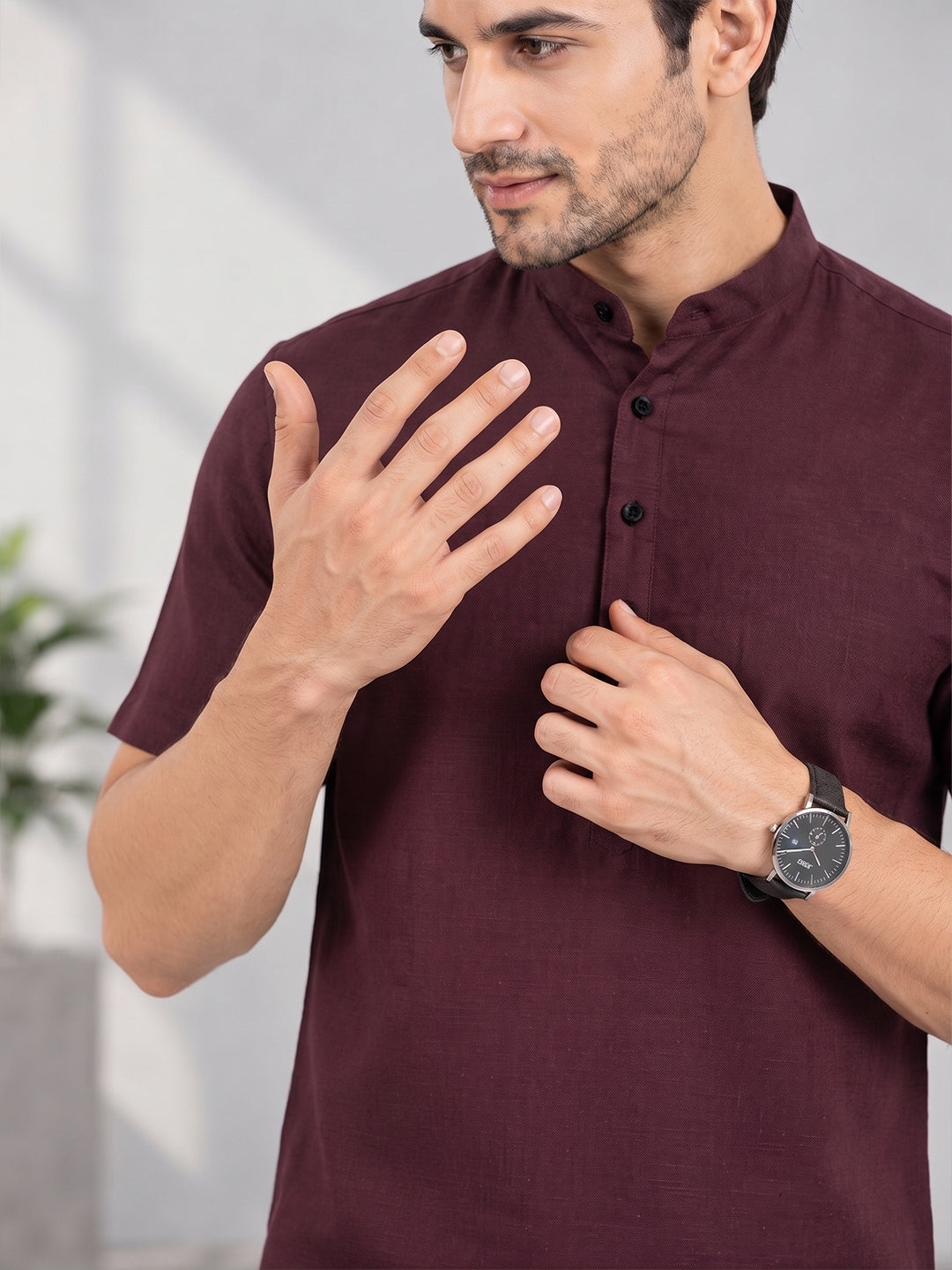 VORA LABEL Men’s Cotton Blend Mandarin Collar Half Kurta | Short Sleeve Solid Casual Wear