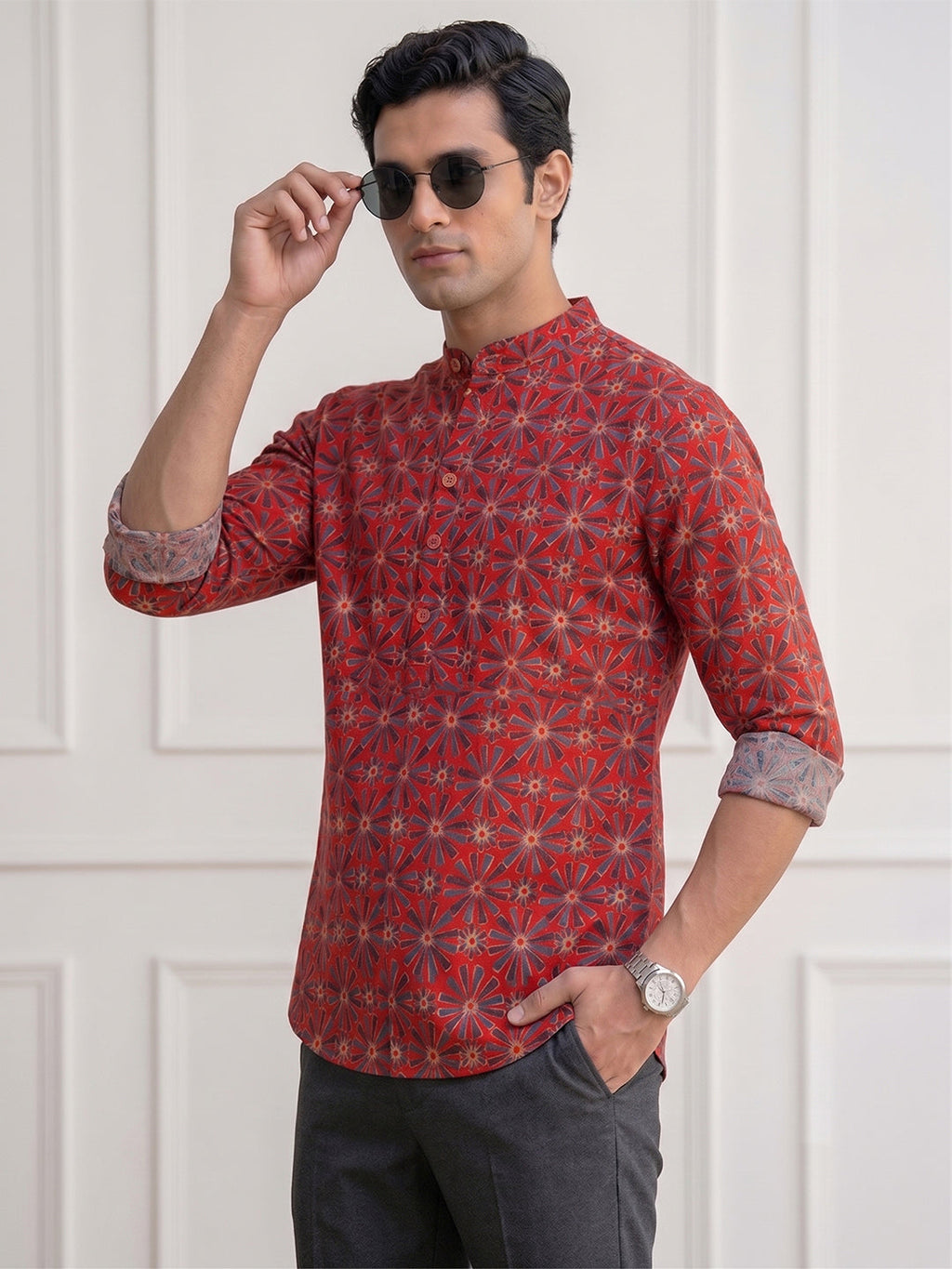VORA LABEL Men Cotton Printed Regular Fit Short Kurta - Rust