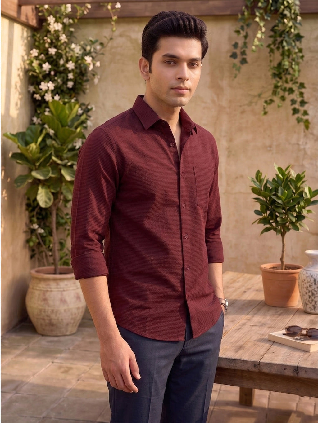 VORA LABEL Men Cotton Solid Regular Fit Casual Shirt - Maroon