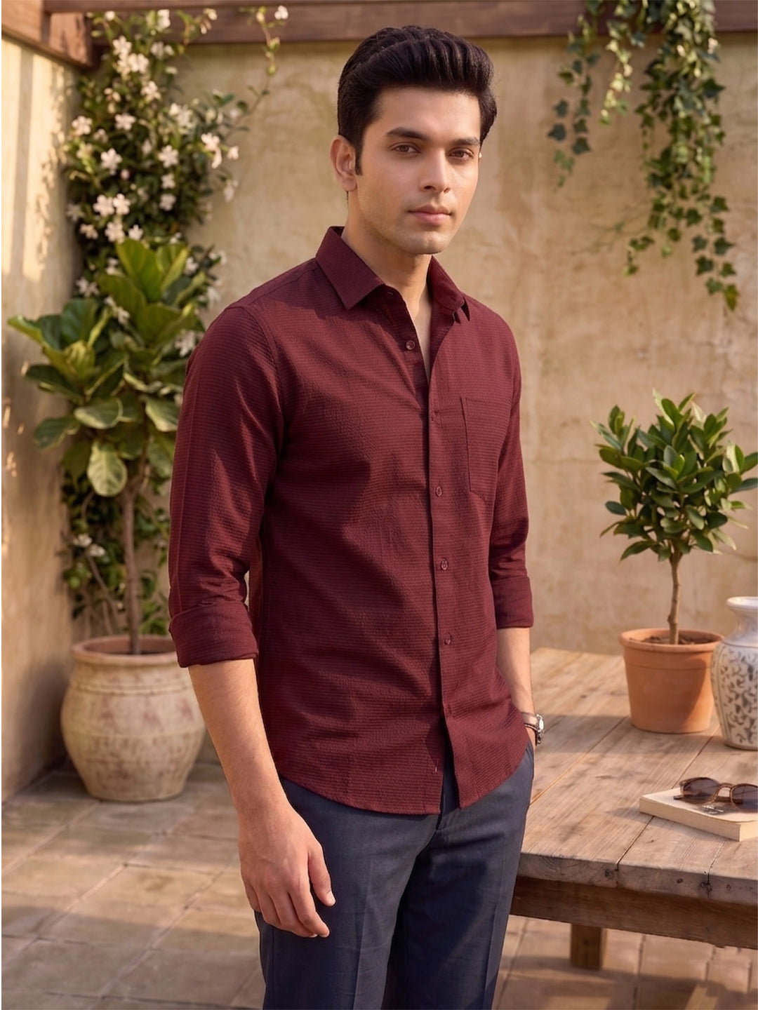 VORA LABEL Men Cotton Solid Regular Fit Casual Shirt - Maroon