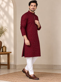 VORA LABEL Men's Premium Maroon Pure Cotton Printed Kurta | Traditional Ethnic Wear for Men