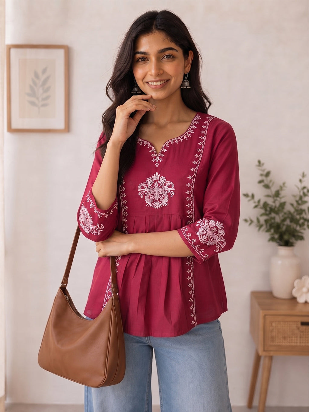 VORA LABEL Women Viscose Rayon Embroidered Regular Fit Peplum Top - Black