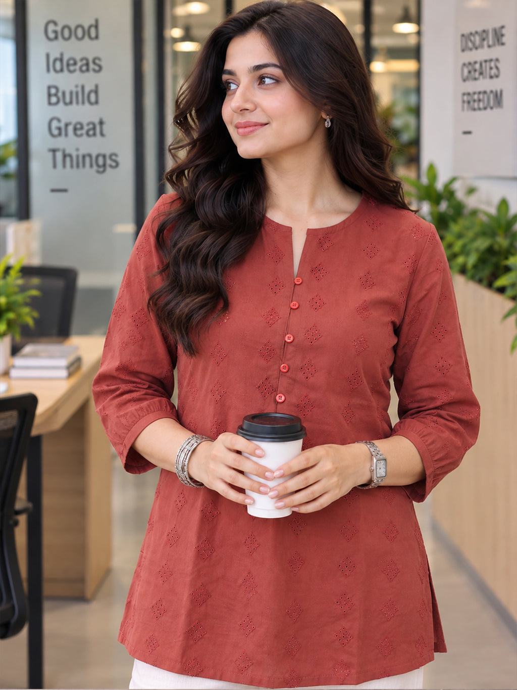 VORA LABEL Women’s Maroon Embroidered Casual Top | Georgette Fabric | Regular Fit