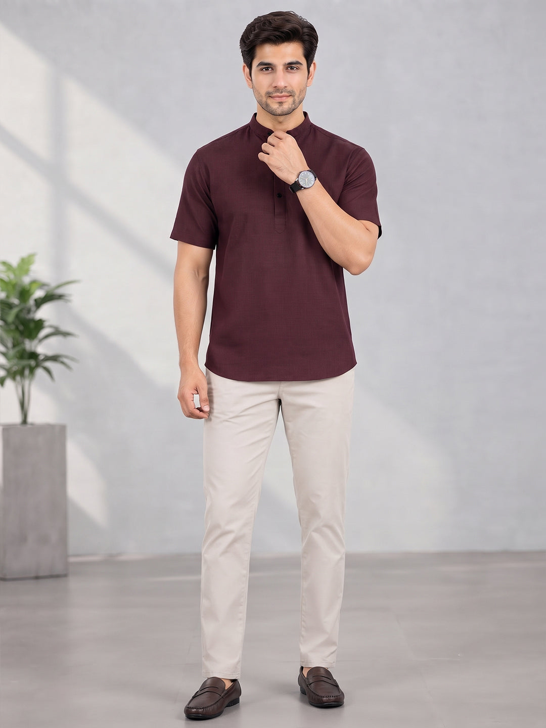 VORA LABEL Men’s Cotton Blend Mandarin Collar Half Kurta | Short Sleeve Solid Casual Wear