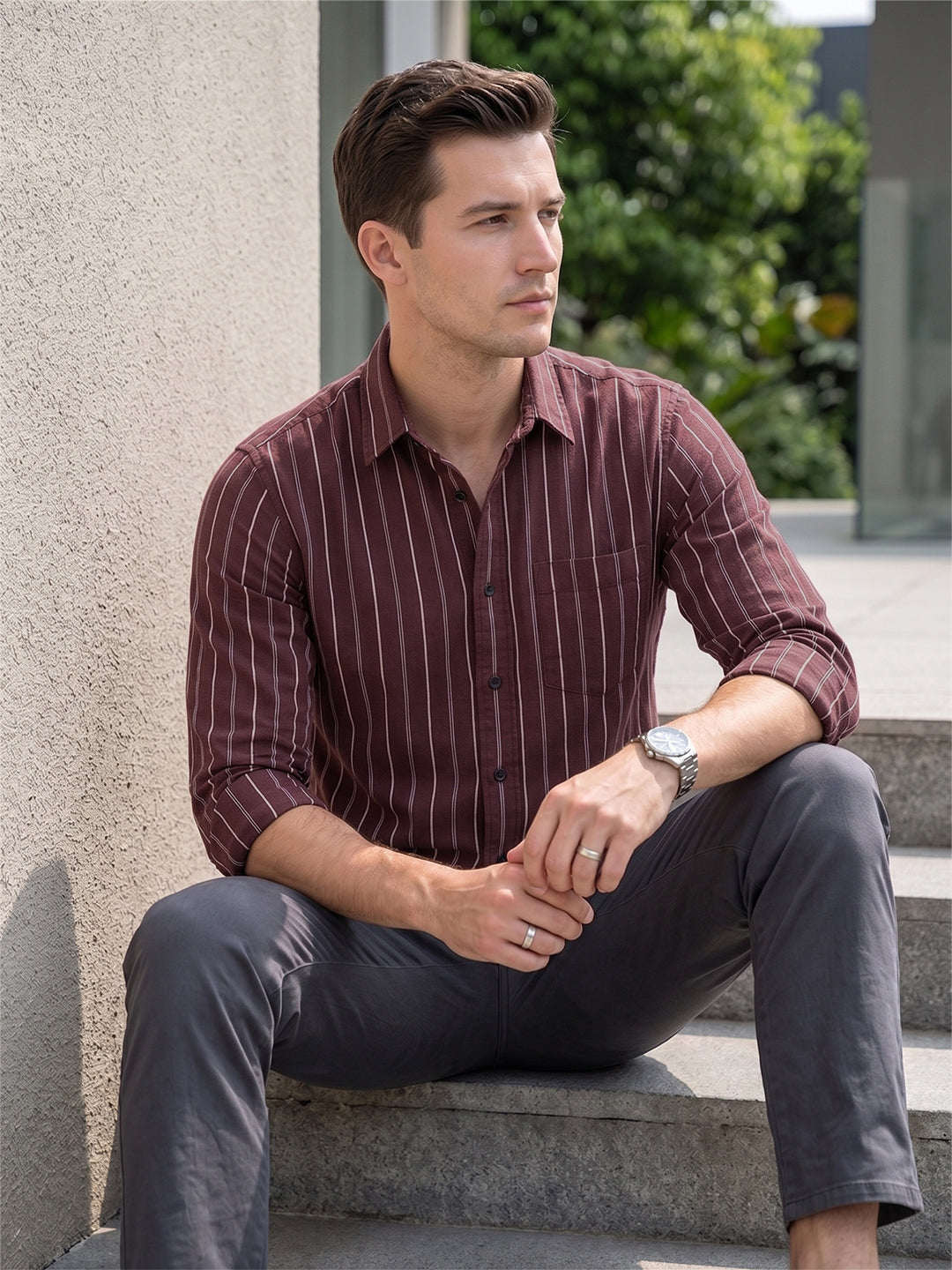 VORA LABEL Men Cotton Striped Regular Fit Casual Shirt - Maroon Main image