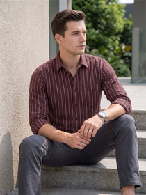 VORA LABEL Men Cotton Striped Regular Fit Casual Shirt - Maroon