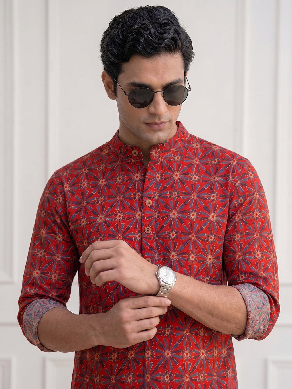 VORA LABEL Men Cotton Printed Regular Fit Short Kurta - Rust