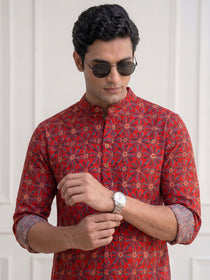 VORA LABEL Men Cotton Printed Regular Fit Short Kurta - Rust