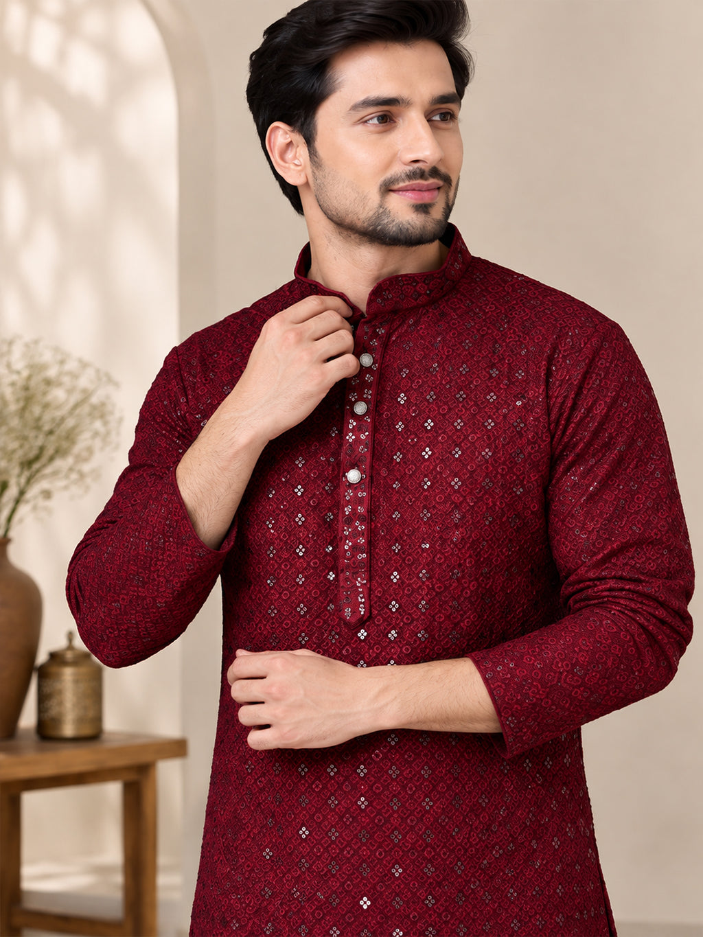 VORA LABEL Men's Premium Maroon Pure Cotton Printed Kurta | Traditional Ethnic Wear for Men