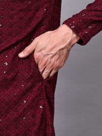 VORA LABEL Men Rayon Schiffli Chikankari Floral Printed Long Kurta Set - Pista