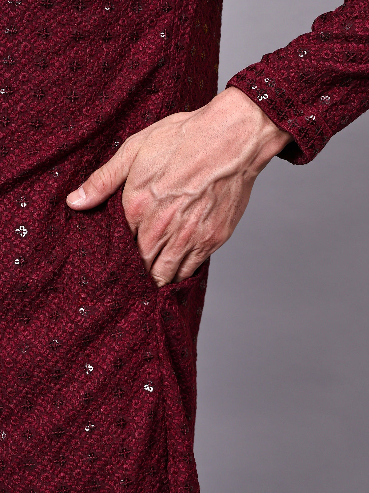 VORA LABEL Men Rayon Schiffli Chikankari Floral Printed Long Kurta Set - Pista