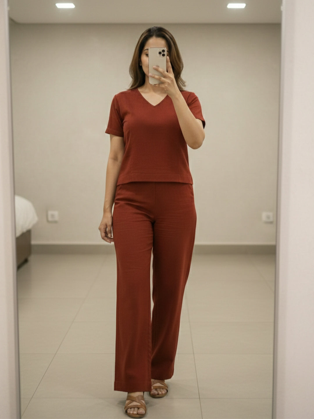 VORA LABEL Women Linen Solid Relaxed Fit Co-ord Set - Maroon