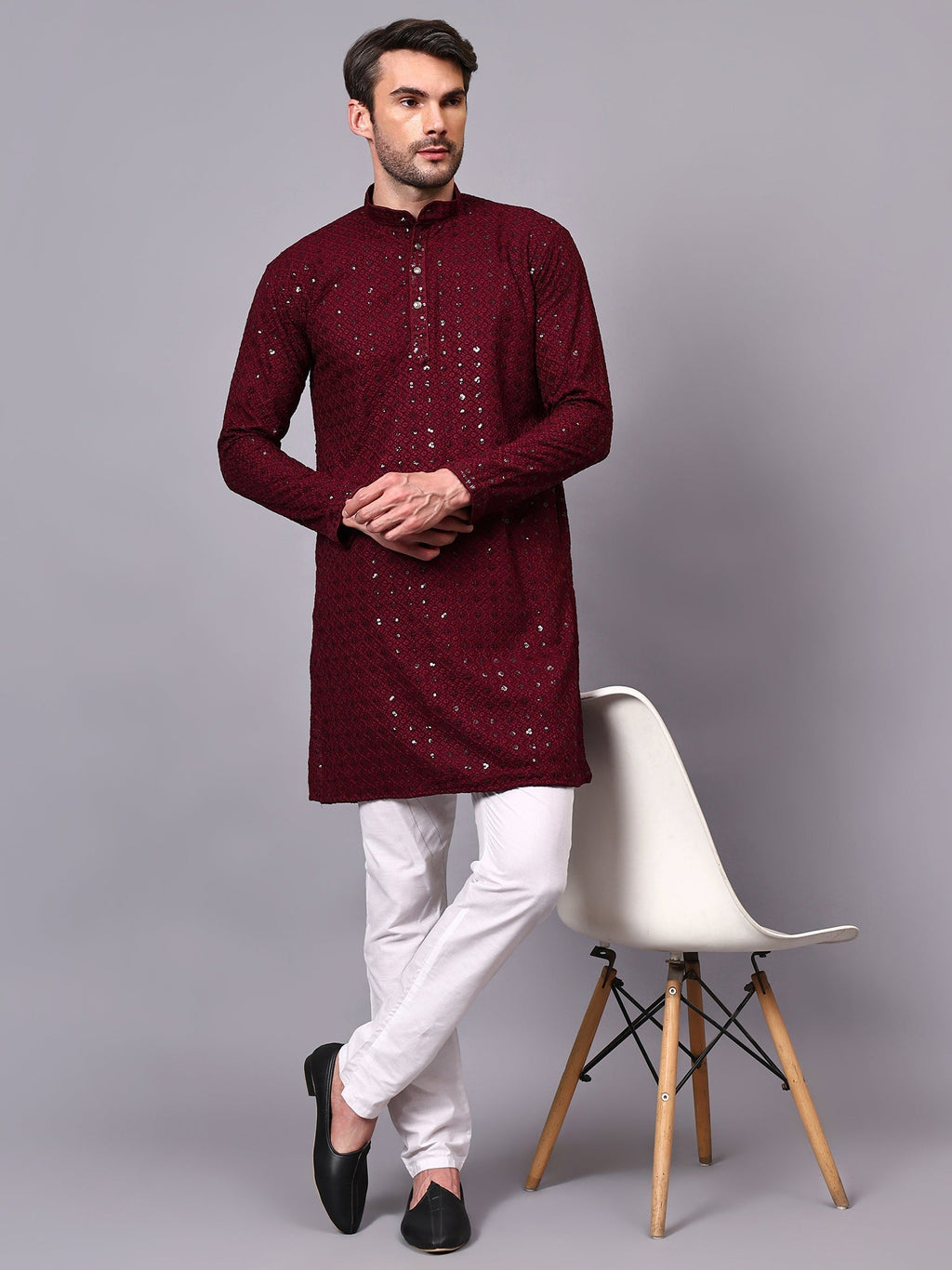 VORA LABEL Men Rayon Schiffli Chikankari Floral Printed Long Kurta Set - Pista