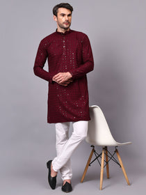 VORA LABEL Men Rayon Schiffli Chikankari Floral Printed Long Kurta Set - Pista