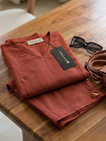 VORA LABEL Women Linen Solid Relaxed Fit Co-ord Set - Maroon