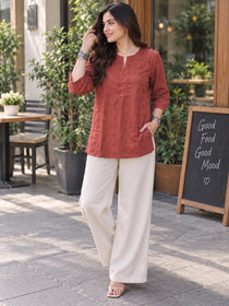 VORA LABEL Women’s Maroon Embroidered Casual Top | Georgette Fabric | Regular Fit