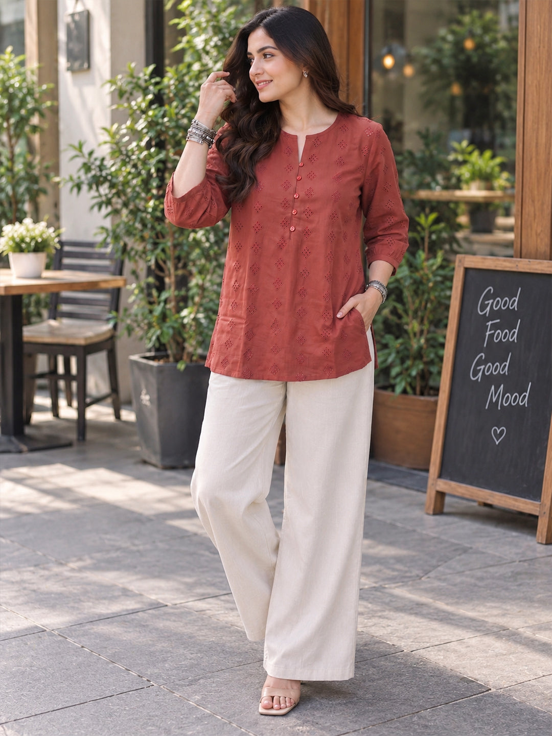 VORA LABEL Women’s Maroon Embroidered Casual Top | Georgette Fabric | Regular Fit