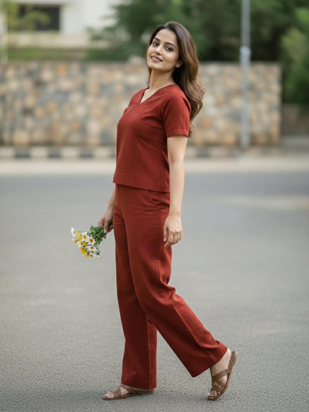 VORA LABEL Women Linen Solid Relaxed Fit Co-ord Set - Maroon