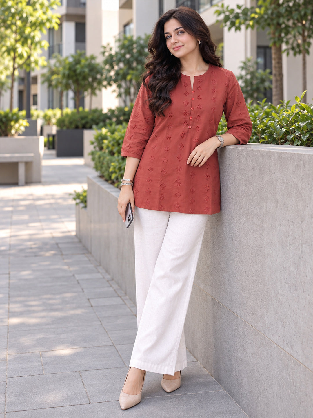VORA LABEL Women’s Maroon Embroidered Casual Top | Georgette Fabric | Regular Fit