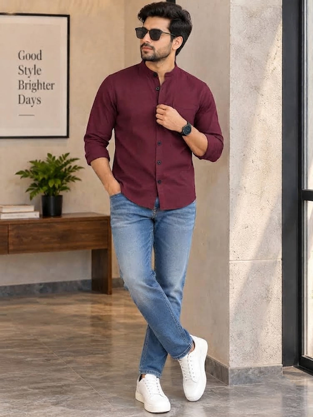 VORA LABEL Men’s Cotton Blend Mandarin Collar Shirt | Full Sleeve Solid Casual & Smart Wear