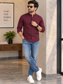 VORA LABEL Men’s Cotton Blend Mandarin Collar Shirt | Full Sleeve Solid Casual & Smart Wear