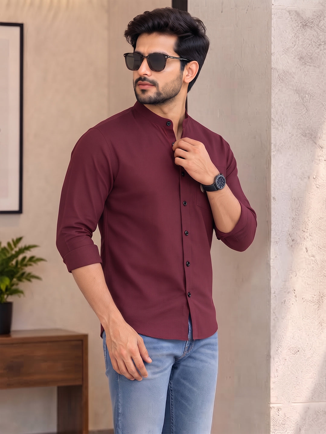 VORA LABEL Men’s Cotton Blend Mandarin Collar Shirt | Full Sleeve Solid Casual & Smart Wear