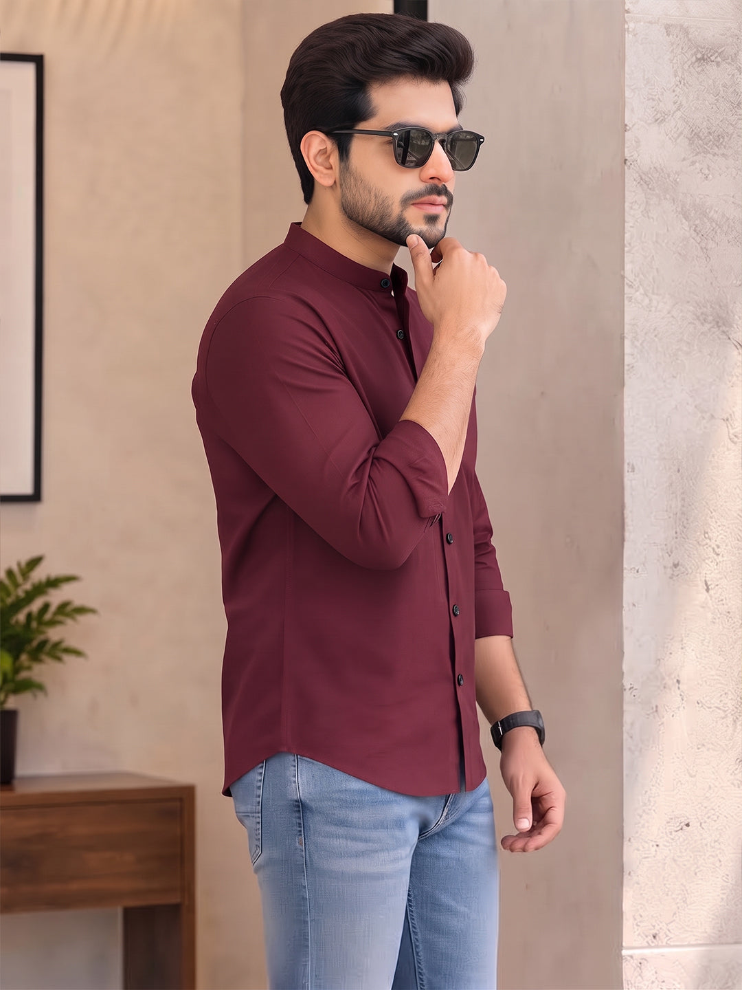 VORA LABEL Men’s Cotton Blend Mandarin Collar Shirt | Full Sleeve Solid Casual & Smart Wear