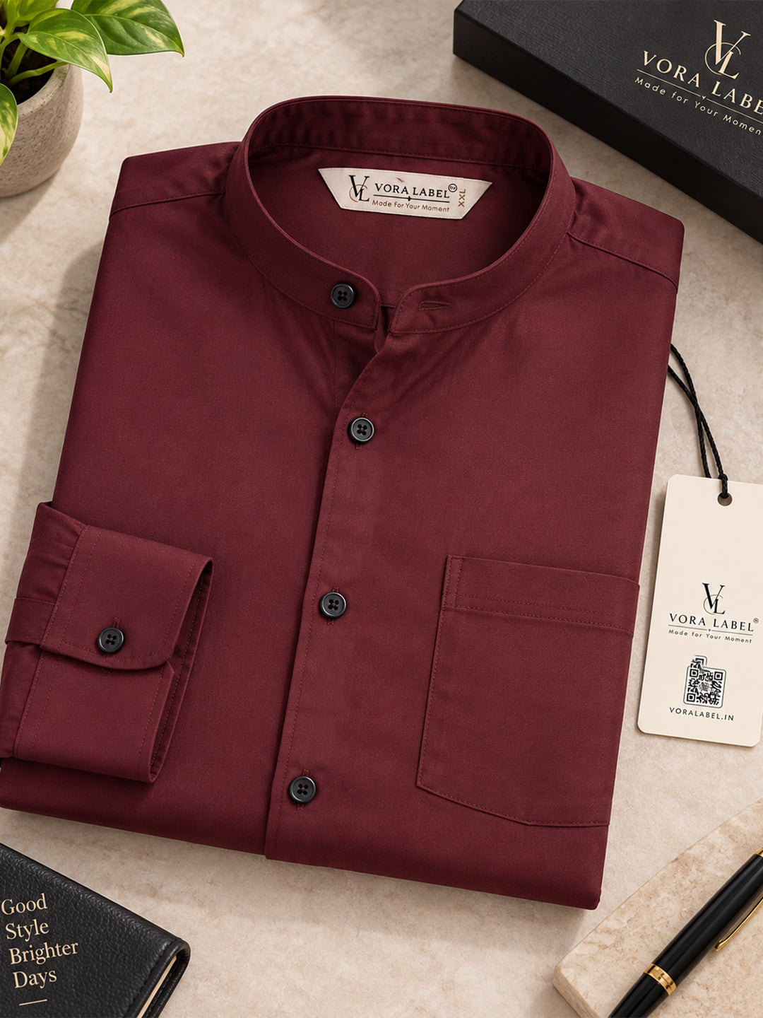VORA LABEL Men’s Cotton Blend Mandarin Collar Shirt | Full Sleeve Solid Casual & Smart Wear
