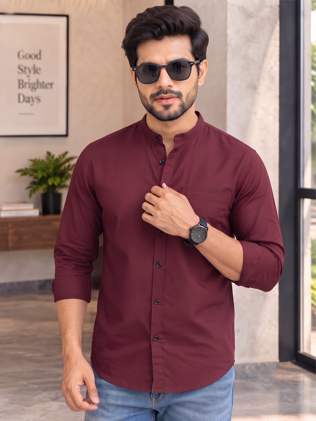 VORA LABEL Men’s Cotton Blend Mandarin Collar Shirt | Full Sleeve Solid Casual & Smart Wear