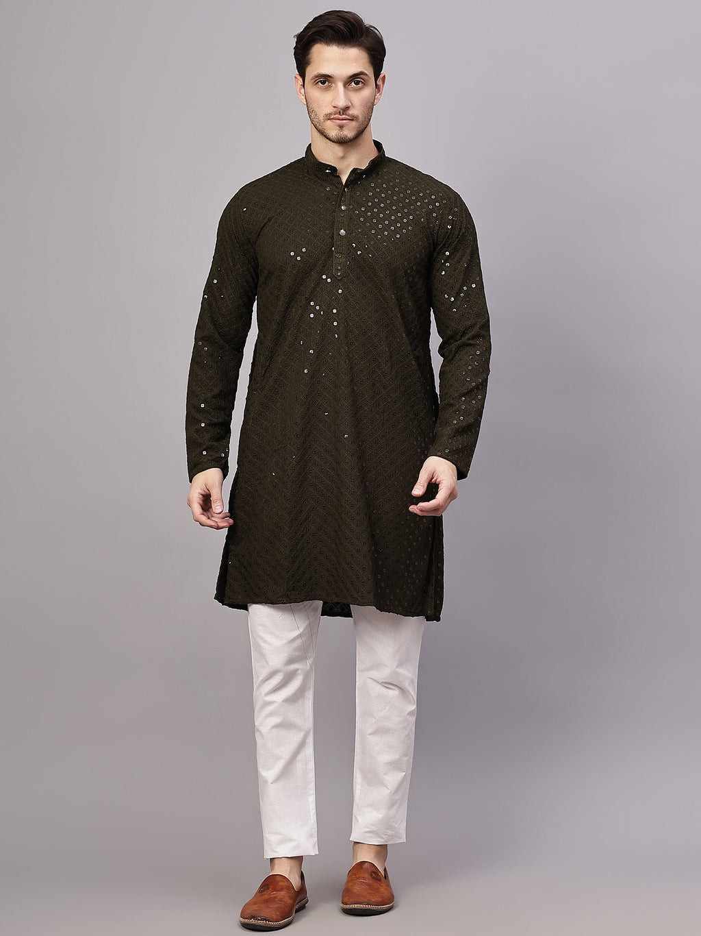 VORA LABEL Men Rayon Schiffli Chikankari Embroidered Long Kurta Set - Yellow