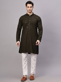 VORA LABEL Men Rayon Schiffli Chikankari Embroidered Long Kurta Set - Yellow