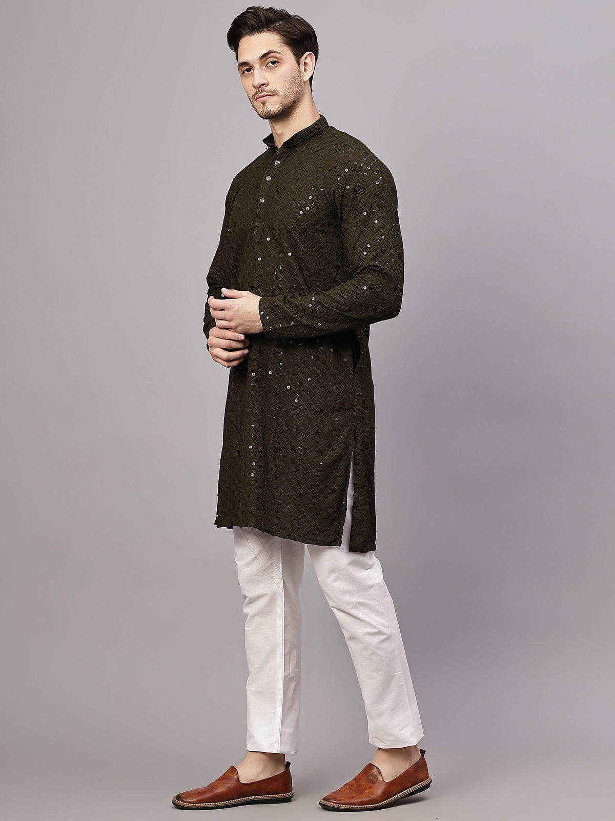 VORA LABEL Men Rayon Schiffli Chikankari Embroidered Long Kurta Set - Yellow